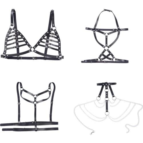 Women Rave Dance Vest Goth Punk Hollow Metal Chains Tanks Sexy Harness PU Leather Crop Top Cosplay Harajuku Caged Tops Clubwear