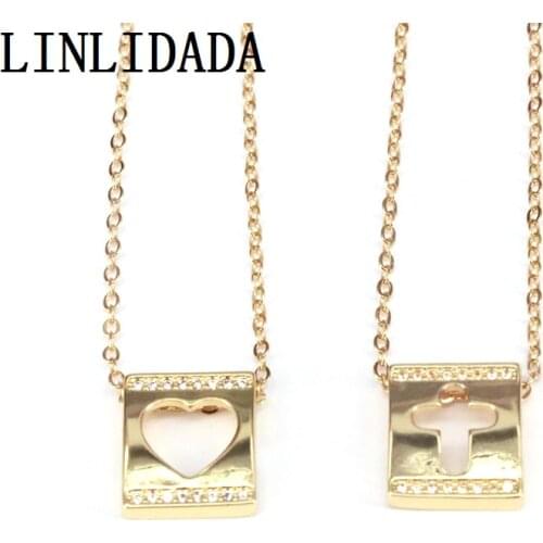 10Pcs CZ Micro Pave Hollow Heart Cross On Rectangle Charms Gold Plated Pendant Necklace