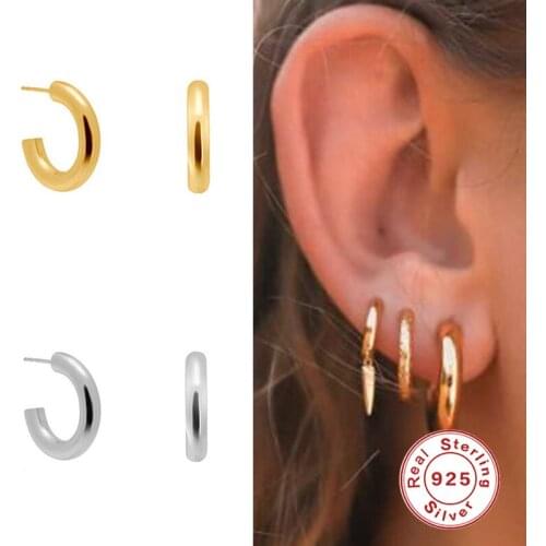 Aide 925 Sterling Silver Gold Minimalist 10mm Smooth Circle Hoop Earrings Geometric Round C shape Earring for Women Girl Jewelry