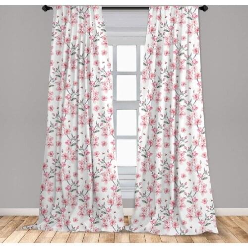 Watercolor Curtain for Kids Room Vintage Japanese Garden Flourishing Sakura Cherry Branches Lightweight Window Drapes