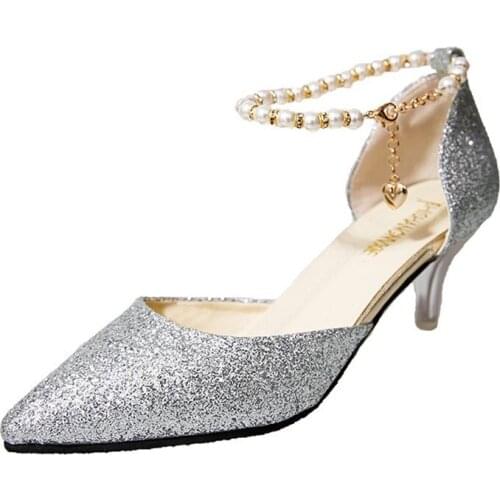 Shinning Glitter Stiletto String Bead Chain Wedding Gold Shoes Womens Pumps Shoes High Heels 2019 Sexy Pointed Toe Party Shoes