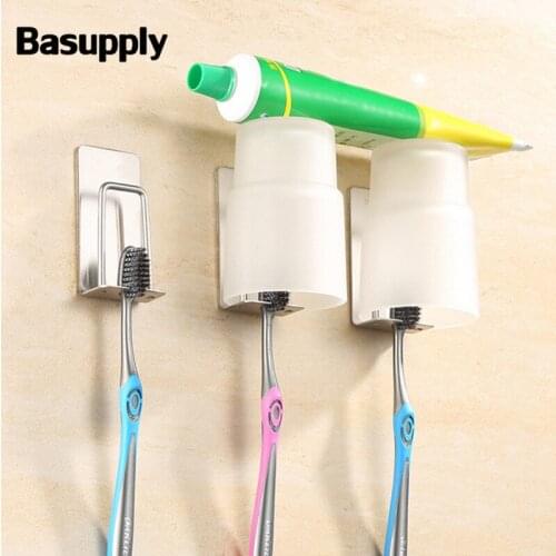 Basupply 1PC Stainless Steel Toothbrush Holder Mouthwash Cup Rack Free punch Adhesive Rack Bathroom Accessories Set