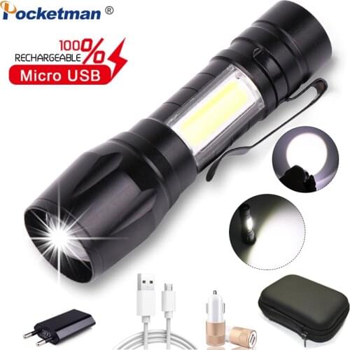 Flashlight USB Rechargeable Torch Zoomable Flashlight Powerful Waterproof Torch Camping Flashlight COB LED Flashlight