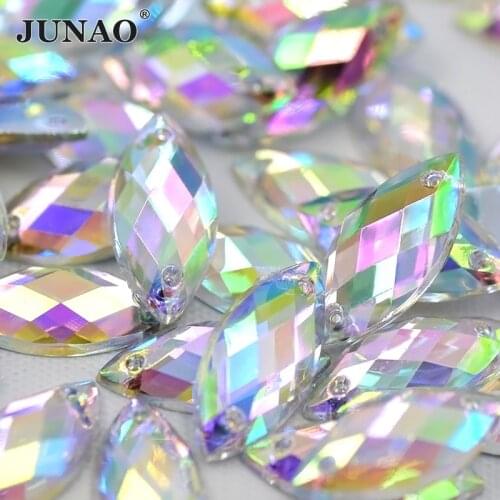 JUNAO 5*10mm Sew On Clear AB Horse Eye Rhinestone Flatback Crystal Stones Fancy Acrylic Gems Sewing Strass Applique for Clothes