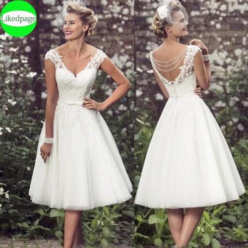 Short Wedding Dress 2021 V Neck Cap Sleeve Robe De Soirée De Mariage Vintage Lace Appliques Party Bride Gown Vestido Novia Bow