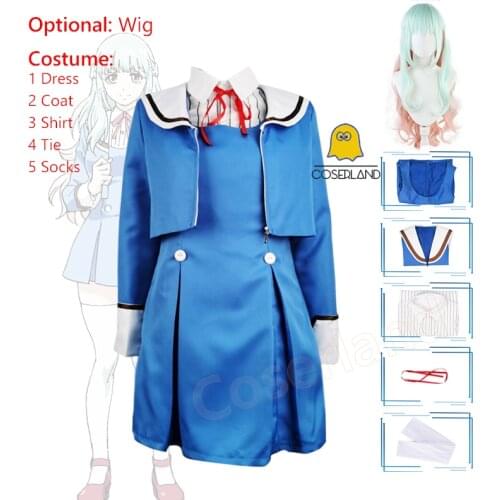Anime High Rise Invasion Kuon Shinzaki Cosplay Costume Tenkuu Shinpan School Girl Uniform Blue Dress Long Wig Party Suit