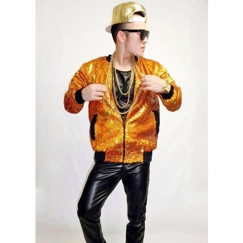 Colorful Laser Gold Sequins Baseball jacket costumes Nightclub bar Mens personality hiohop jazz danceer wear