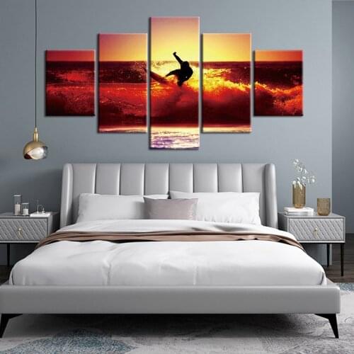 Summer Surfing Seascape Ocean Wave Surf Paddle 5 Pieces Poster Extreme Sports Wall Art Decoration Painting Home Decor