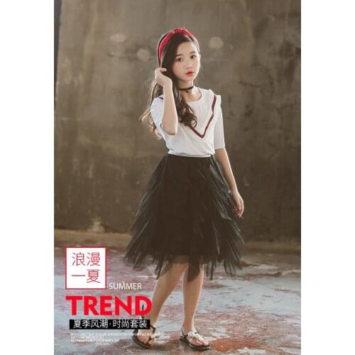 Hot-selling childrens new style summer girl middle-aged big boy western style V-neck mesh skirt suit