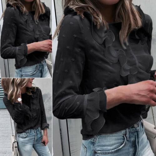 Hot Sale Womens Ruffle Long Sleeve Shirt Fall Spring Ladies Long Sleeve Casual Blouse Long Sleeve Pullover Black Tops Streetwear