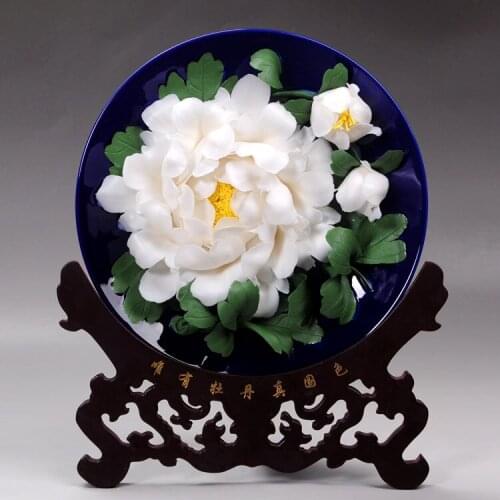 Luoyang peony Dehua ceramic art flower disc hanging plate Home Furnishing ornaments ornaments crafts boutique