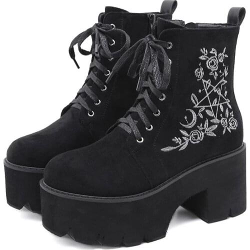 NEWDISCVRY Fashion Flower Platform Boot Chunky Punk Suede Leather Womens Gothic Shoes Nightclub Lace Up Back Zipper High Quality