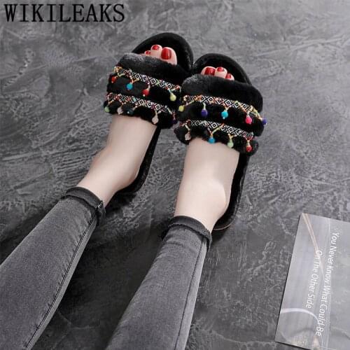 Fashion womens slippers outdoor fur slides flat plush slippers indoor slippers home shoes big size luxury shoes women designers
