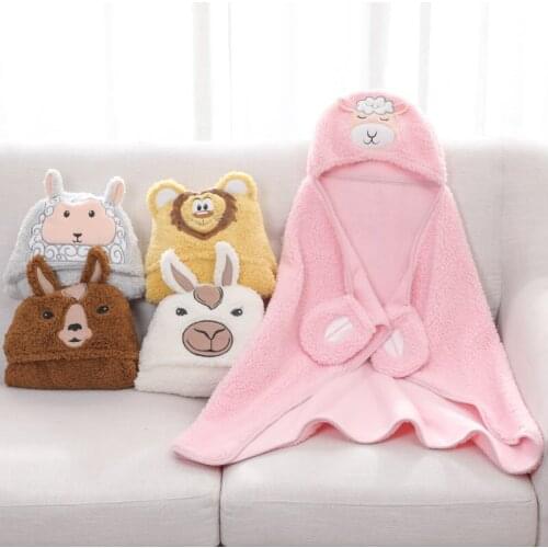 Cartoon Infant Plus Thick Fluff Infant With Hat Wrap Blanket In Winter Plain Embroidery Comfortable Shawl Hold Blanket