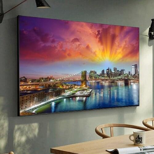 New York City Brooklyn Bridge Night View Landscape Canvas Paintings Posters and Prints Wall Art Pictures for Living Room Cuadros