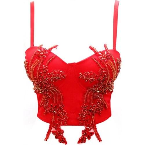2021 New Fashion Red Camisole Women Beading Sequins Embroidery Luxurious Cropped Tops Bustier Bra Slim Sexy Tank Tops Y1286