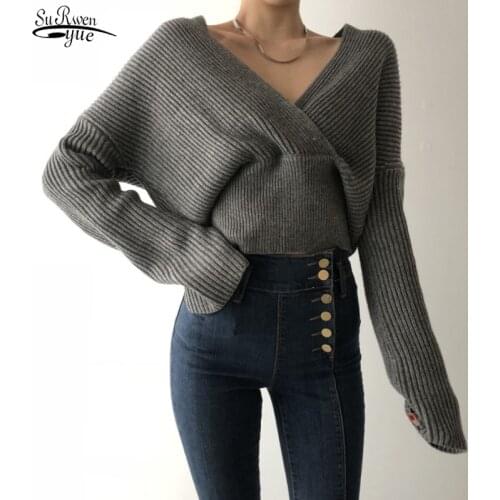 2021 Autumn and Winter New Korean Slim Bottom Knitwear Womens Sweater Sexy Long-sleeved Tops Cross Collar Sweater Woman 16059
