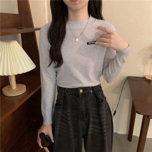 Autumn new slim and thin hedging half-high collar long knit sweater sleeves solid color short wild knit top