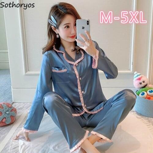 Women Pajama Sets Long Sleeve and Pants Autumn Ruffled Large Size 5XL Baggy Ice-silk Soft Breathable Female Sleepwear Sagging