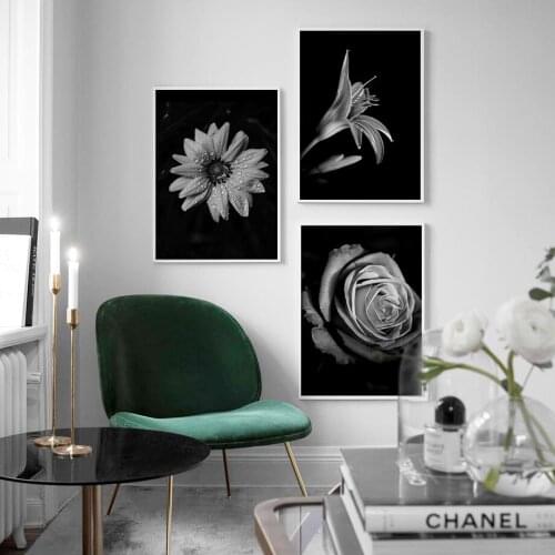 Black Flower Poster Rose Lily Chrysanthemum Wall Art Minimalist Elegance Canvas Painting Print Pictures for Living Room Decor