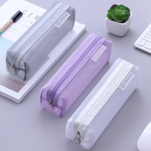 Transparent Pencil Box Lapis Stationery School Mesh Pencil Cases Kawaii Cute Solid Color School Student Pen Bag Supplies