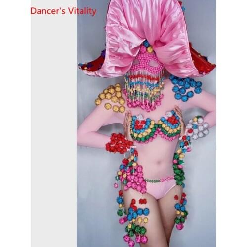 Multicolor hair ball tassels pink sheer tights headdress ladies dancer show prom dress bar catwalk dress