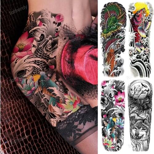 Sexy temporary tattoo large body art thigh leg arm sleeve tattoo sticker fish dragon totem lotus peony flower tatoo fake water