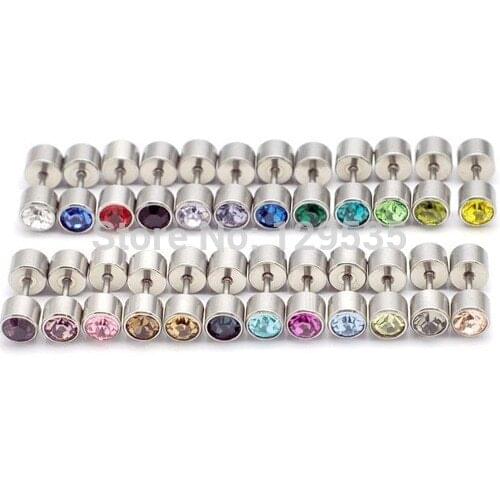 Screw Back (pierced) 6mm Diameter Austrian crystal titanium steel dumbbell Punk Men Women stud earrings 24 colors