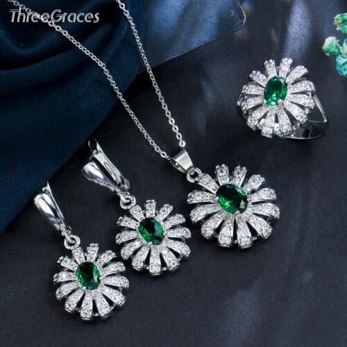 ThreeGraces Green Emerald Cubic Zirconia Stone Flower Necklace Earring and Ring Set 925 Sterling Silver Jewelry for Women JS500
