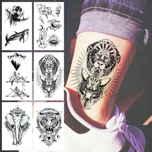 Lion Wolf Temporary Tattoos For Women Men Realistic Whale Mountain Elephant Tiger Fake Tattoo Sticker Leg Finger Tatoos India