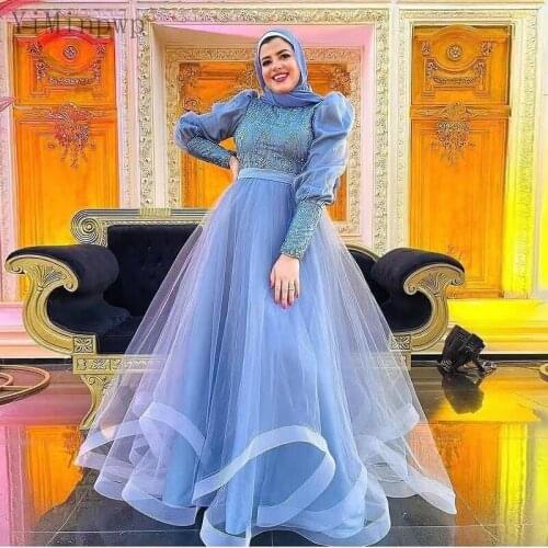 YiMinpwp Sky Blue Prom Dresses O Neck Long Sleeve Floor Length Lace Formal Women Evening Party Gowns vestidos formais