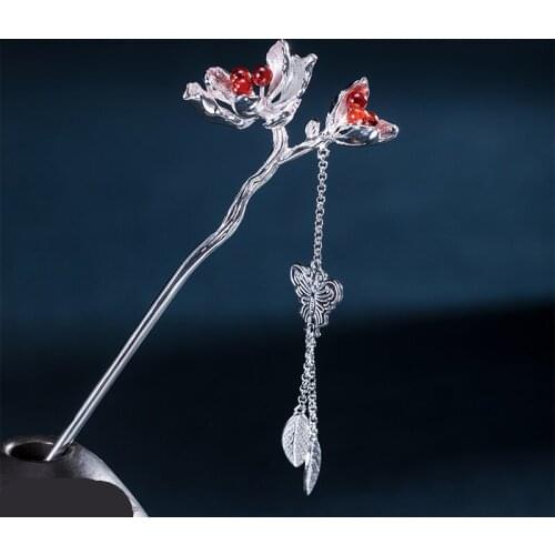 1pcs Handmade Tassel Hairpin 925 Silver Flower Headdress Hanfu Decor Hair Stick Women Girl Halloween Gift Hot
