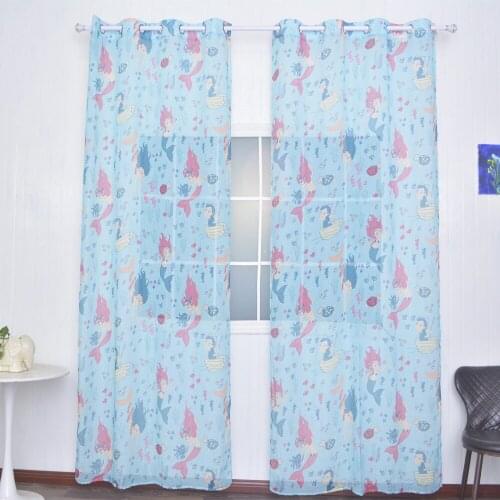 FMH Sheer Curtain Panels for Living room Bedroom French Window Faux Linen Drapery Tulle Printed Coloured Mermaid Silver Grommets