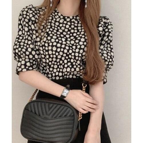 Summer Floral Blouse Women O Neck Puff Long Sleeve Pullover Vintage Print Loose Blusas 2021 New Elegant Office Lady Shirt Femme