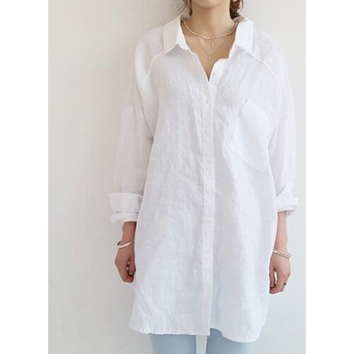 Women Cotton Linen Long Sleeve Solid Color Loose Tunic Shirt Blouse for Summer -MX8
