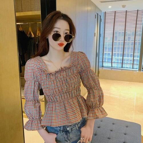 Retro Square Collar Plaid Shirt Trumpet Sleeve Women Summer Sweet French Style Blouses