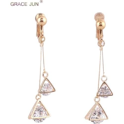 GRACE JUN Korea Style Long Triangle Geometric Clip on Earings No Pierced and Pierced Earrings for Women Fashion Wedding Earrings