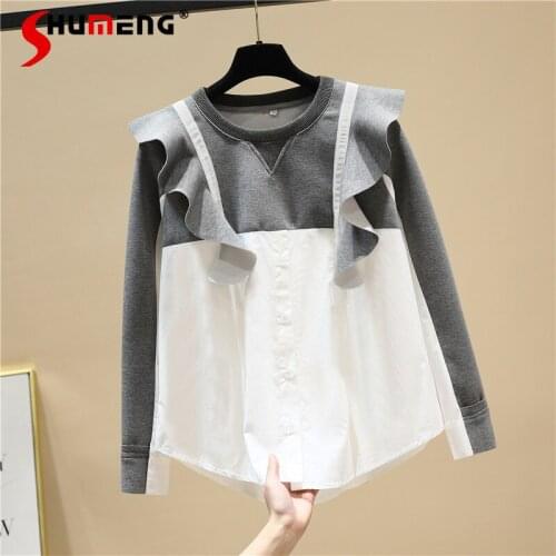 2021 Spring and Autumn Loose Round Neck Long Sleeve Pullover Top Ladies Fashion Ruffles Space Cotton Patchwork Sweatshirt Women