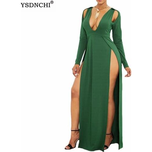 YSDNCHI Long Sexy Dress Long Bodycon Night Party Vestidos Summer Both Side Split Deep V Neck Ladies Long Sleeve Hollow Design