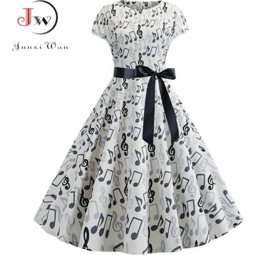 Women Summer Music Note Print Dress 50s 60s Robe Retro Swing Casual Vintage Sleeveless Party Dresses Vestidos Plus Size