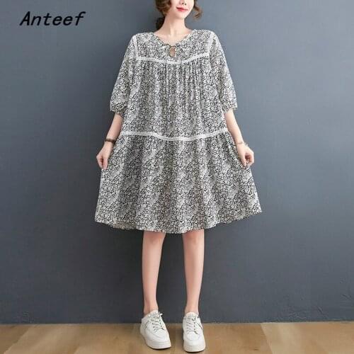 Short sleeve cotton vintage floral dresses for women casual loose midi woman summer dress elegant clothes 2021