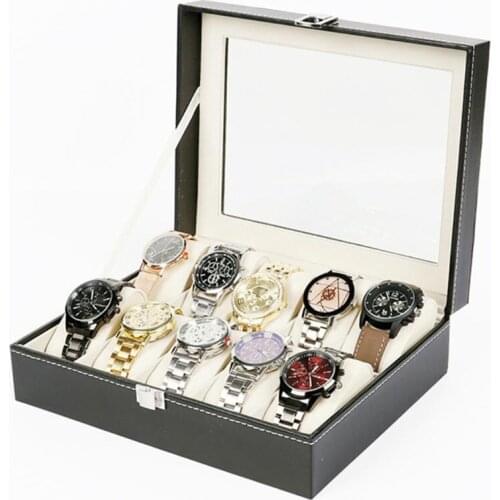 10 Grids Watch Box PU Leather Watches Display Case Jewelry Holder Storage Organizer with Lock