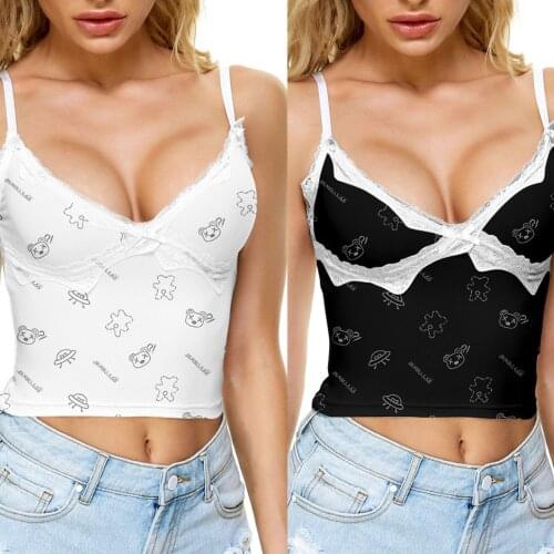 2021 New Women Summer Tank Tops, Cartoon Print Lace Trim V-Neck Sleeveless Slim Braces Vest for Girls, Black/White