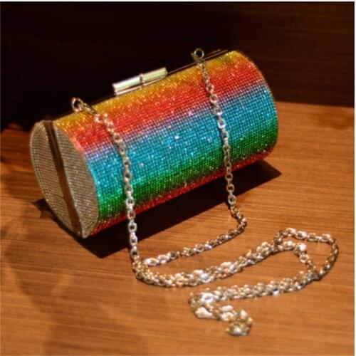 2021Rainbow Rhinestone Purse Evening Bags for Women Luxury Party Handbag for Wedding Clutch Bag Diamond Cylinder Shoulder Bag