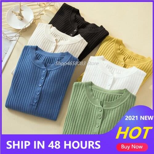 2021 Button Sweater Women Basic Slim Knitted Pullover Women Sweaters Pullovers Jumper Autumn Winter Korean Style Women Sweater