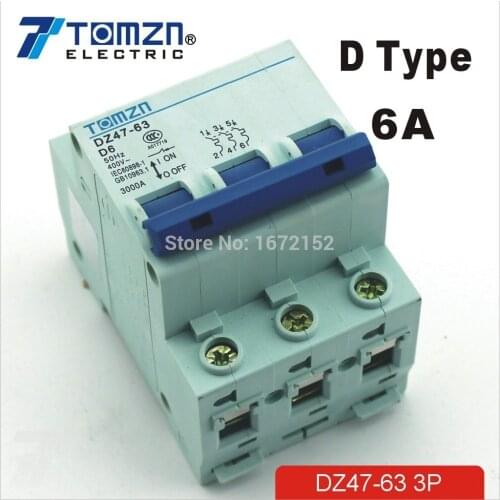 3P 6A D type 240V/415V Circuit breaker MCB 4 POLES