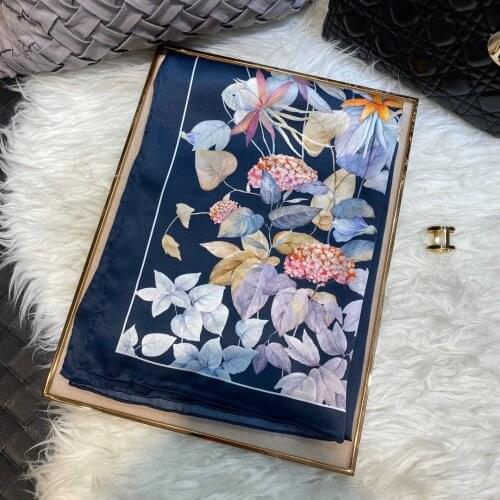 [BYSIFA] Navy Blue 100% Silk Scarf Shawl Fashion Luxury Women Long Scarves Wraps Chinese Style Flower Scarves Fall Winter Scarf