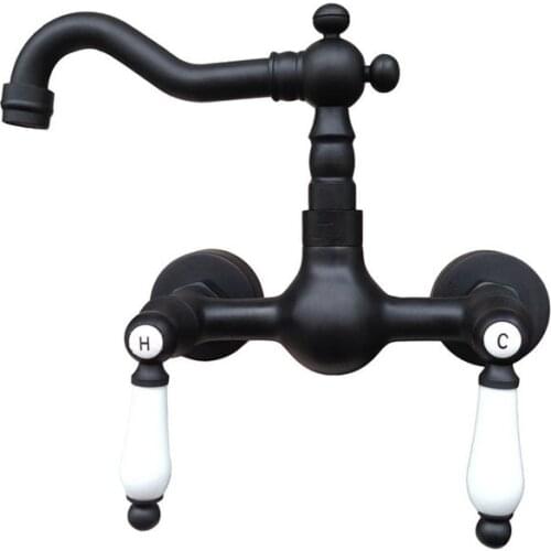 Black Oil Rubbed Brass Bathroom Kitchen Sink Basin Faucet Mixer Tap Swivel Spout Wall Mounted Dual Ceramic Handles mnf522