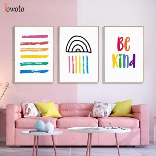 Colorful Rainbow Nursery Canvas Painting Baby Bedroom Poster Print Be Kind Wall Art for Kids Room Decoration Picture Decor Art
