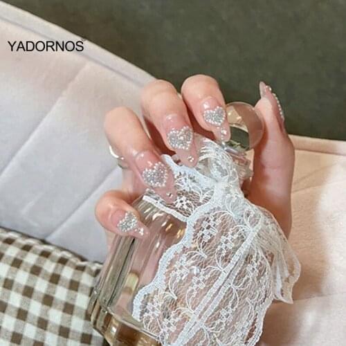 24pcs decorated false nails Pearl Inlaid Nail Patch Flesh Pink Glue Type Removable Long Paragraph Fashion Manicure Nail Patch